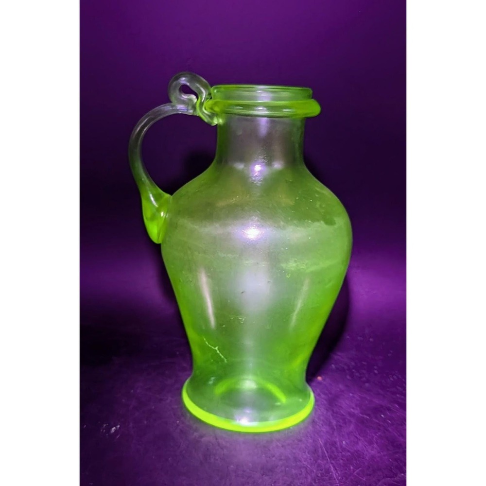 Antique Josephinenhutte Bohemian Uranium Glass Iridescent Pitcher UV Glow 8?75"